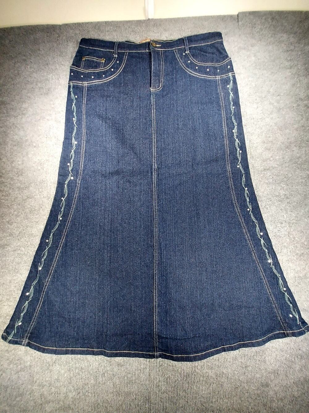 VTG OUT JEANS Y2K Dark Wash Denim Maxi Skirt Embroidered Rhinestone Women's L